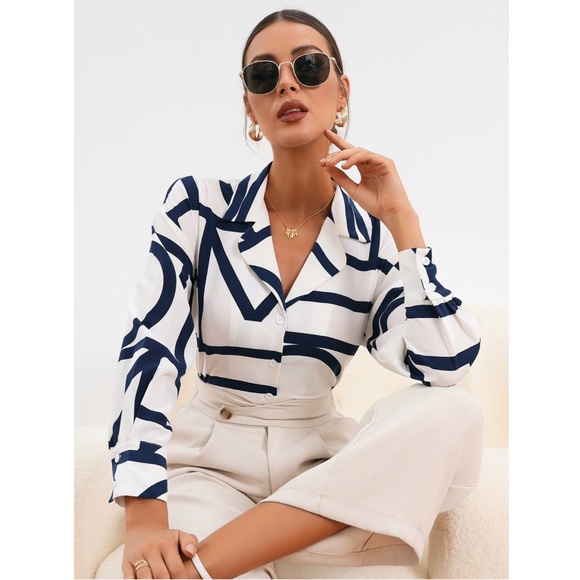 Geometric Print Blouse Buttoned Shirt White - Picture 7 of 9